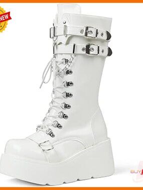 Platform Combat Boots Wedge Heel Mid Calf Lace Up Punk Motorcycle Shoes